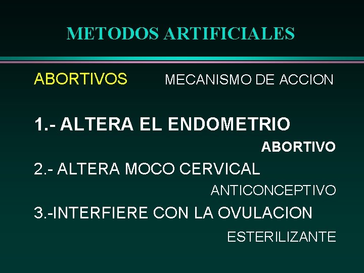 METODOS ARTIFICIALES ABORTIVOS MECANISMO DE ACCION 1. - ALTERA EL ENDOMETRIO ABORTIVO 2. -