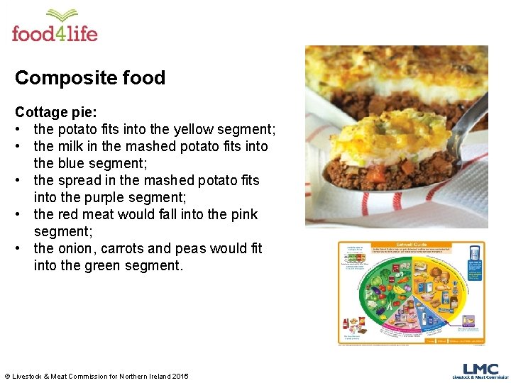 Composite food Cottage pie: • the potato fits into the yellow segment; • the