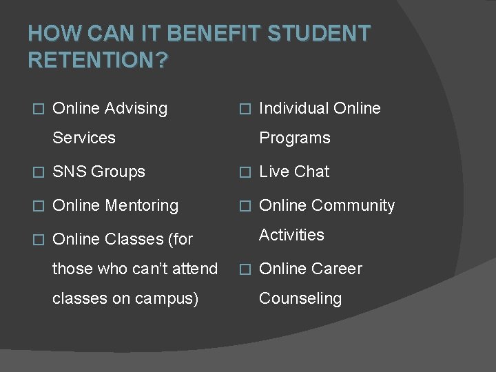 HOW CAN IT BENEFIT STUDENT RETENTION? � Online Advising � Services Individual Online Programs