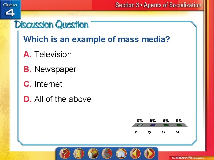 Which is an example of mass media? A. Television B. Newspaper C. Internet D.