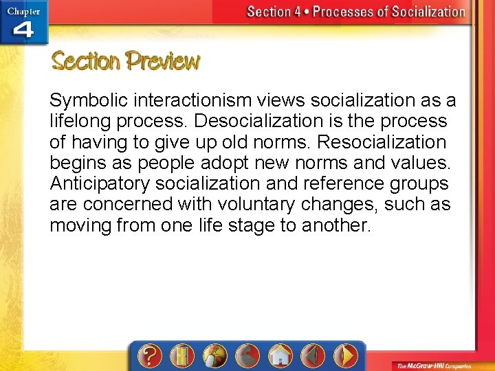 Symbolic interactionism views socialization as a lifelong process. Desocialization is the process of having