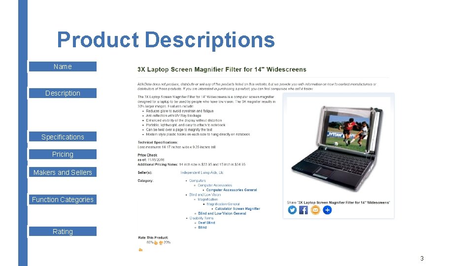 Product Descriptions Name Description Specifications Pricing Makers and Sellers Function Categories Rating 3 