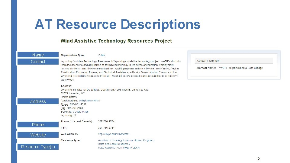 AT Resource Descriptions Name Contact Address Phone Website Resource Type(s) 5 