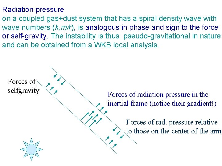 Radiation pressure on a coupled gas+dust system that has a spiral density wave with