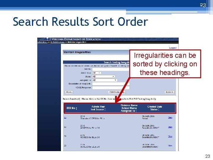 23 Search Results Sort Order Irregularities can be sorted by clicking on these headings.