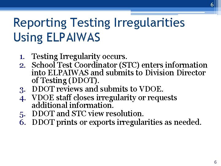 6 Reporting Testing Irregularities Using ELPAIWAS 1. Testing Irregularity occurs. 2. School Test Coordinator