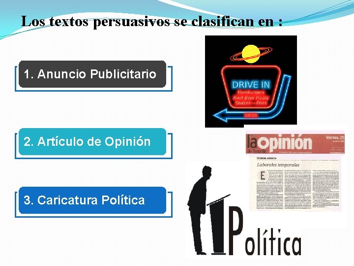 Los textos persuasivos se clasifican en : 1. Anuncio Publicitario 2. Artículo de Opinión