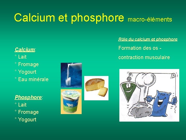 Calcium et phosphore macro-éléments Rôle du calcium et phosphore: Calcium: ° Lait ° Fromage