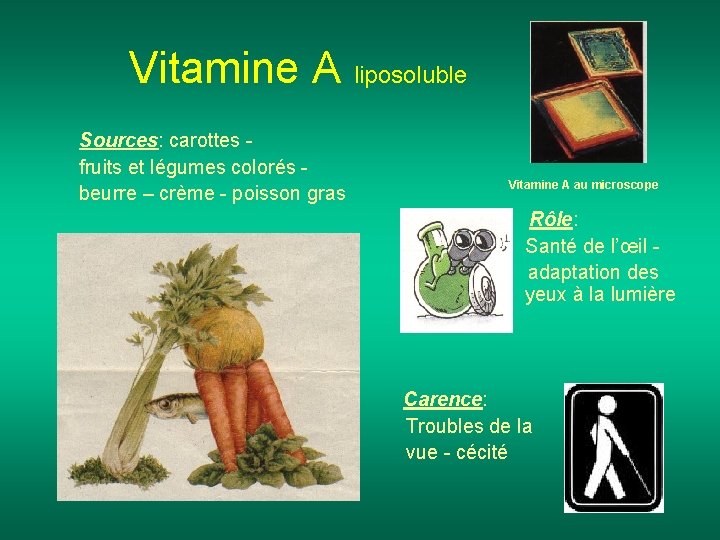 Vitamine A liposoluble Sources: carottes fruits et légumes colorés beurre – crème - poisson