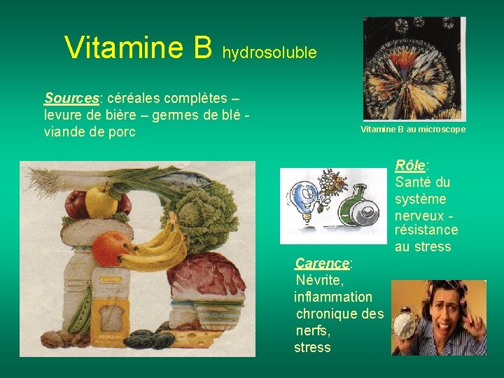 Vitamine B hydrosoluble Sources: céréales complètes – levure de bière – germes de blé