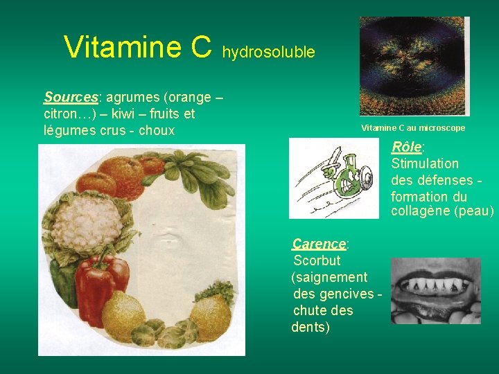 Vitamine C hydrosoluble Sources: agrumes (orange – citron…) – kiwi – fruits et légumes