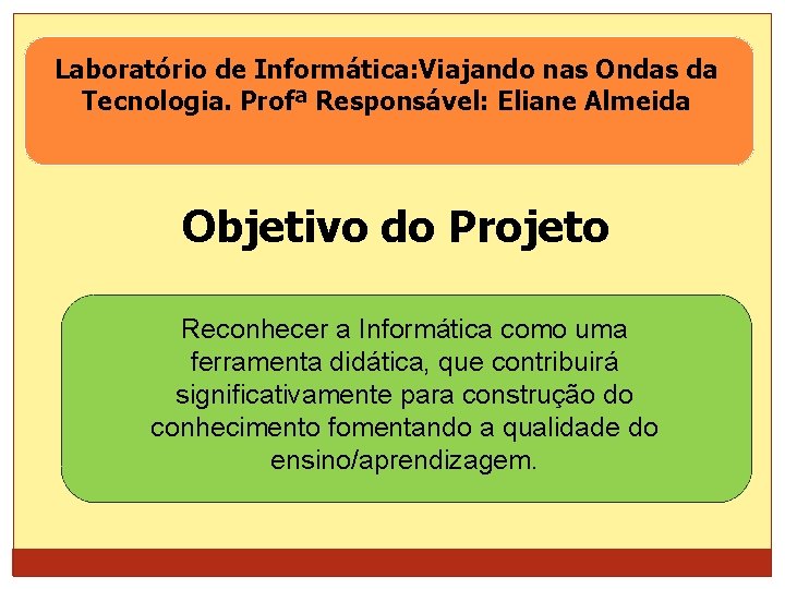 Laboratório de Informática: Viajando nas Ondas da Tecnologia. Profª Responsável: Eliane Almeida Objetivo do