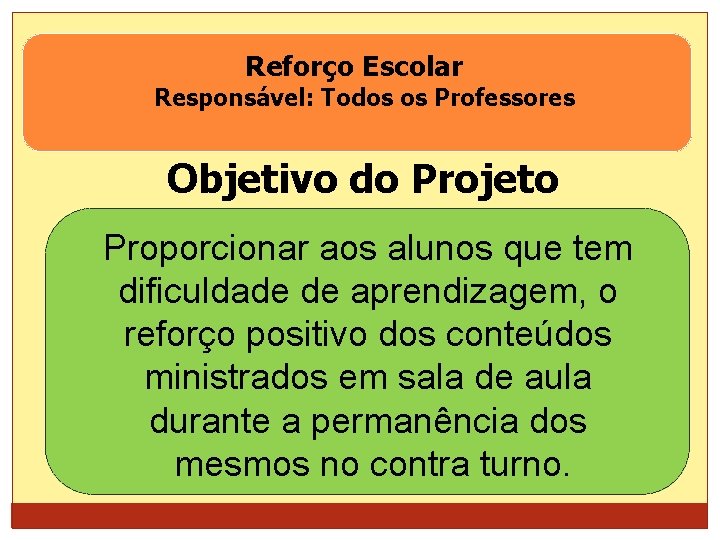 Reforço Escolar Responsável: Todos os Professores Objetivo do Projeto Proporcionar aos alunos que tem