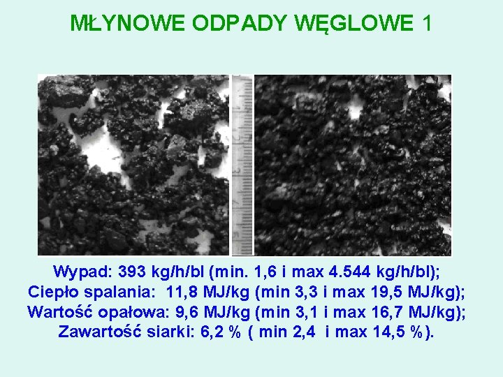 MŁYNOWE ODPADY WĘGLOWE 1 Wypad: 393 kg/h/bl (min. 1, 6 i max 4. 544