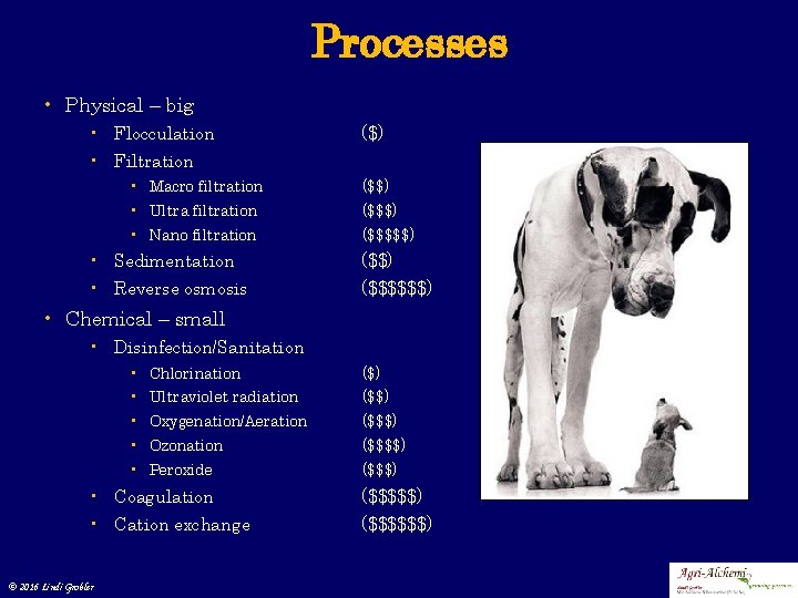 Processes • Physical – big • Flocculation ($) • Filtration • Macro filtration ($$)