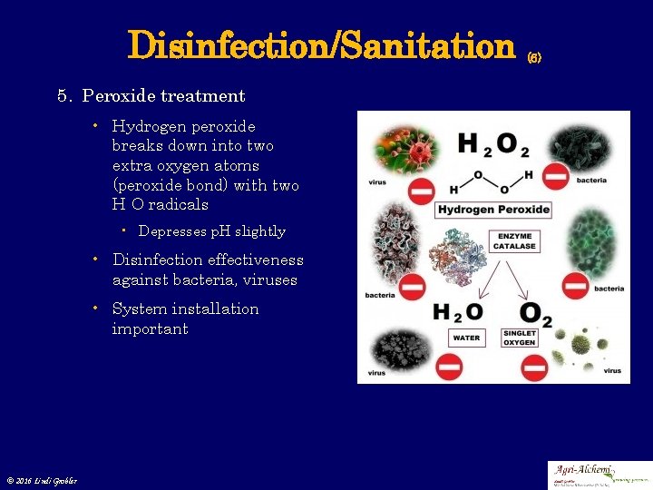 Disinfection/Sanitation 5. Peroxide treatment • Hydrogen peroxide breaks down into two extra oxygen atoms