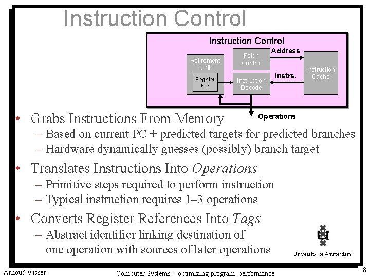 Instruction Control Retirement Unit Register File Fetch Control Address Instruction Decode • Grabs Instructions