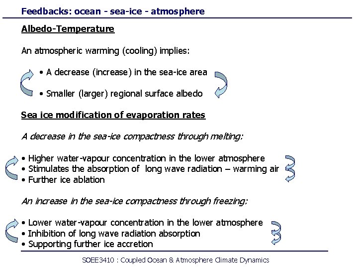 Feedbacks: ocean - sea-ice - atmosphere Albedo-Temperature An atmospheric warming (cooling) implies: • A