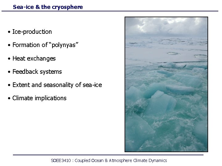 Sea-ice & the cryosphere • Ice-production • Formation of “polynyas” • Heat exchanges •