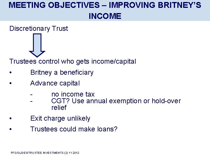MEETING OBJECTIVES – IMPROVING BRITNEY’S INCOME Discretionary Trustees control who gets income/capital • Britney