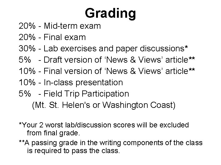 Grading 20% - Mid-term exam 20% - Final exam 30% - Lab exercises and