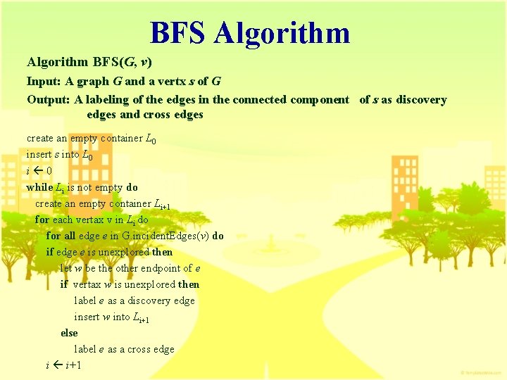 BFS Algorithm BFS(G, v) Input: A graph G and a vertx s of G