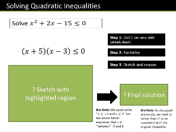 Solving Quadratic Inequalities Step 1: Get 0 on one side (already done!) Step 2: