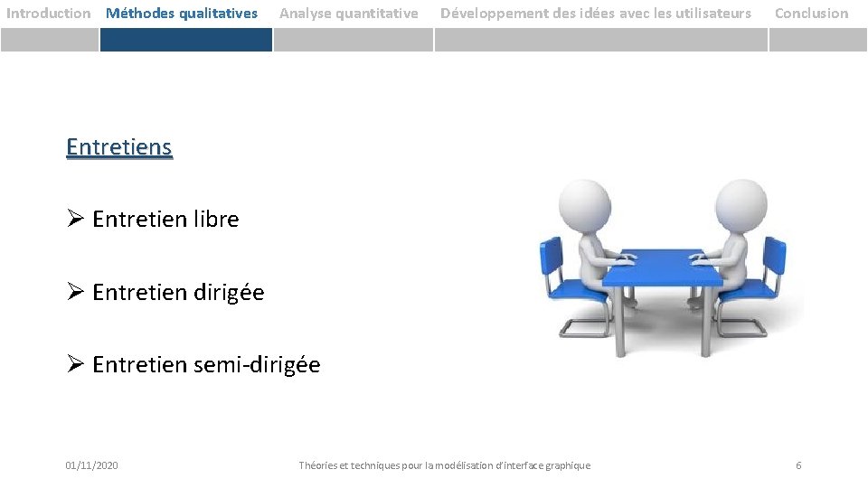 Introduction Méthodes qualitatives Analyse quantitative Développement des idées avec les utilisateurs Conclusion Entretiens Ø