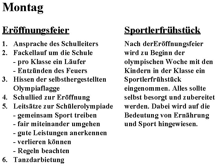 Montag Eröffnungsfeier Sportlerfrühstück 1. Ansprache des Schulleiters 2. Fackellauf um die Schule - pro