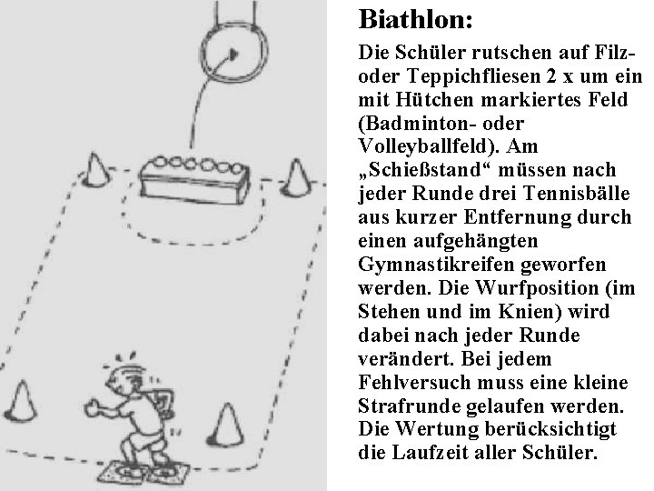 Biathlon: Die Schüler rutschen auf Filzoder Teppichfliesen 2 x um ein mit Hütchen markiertes