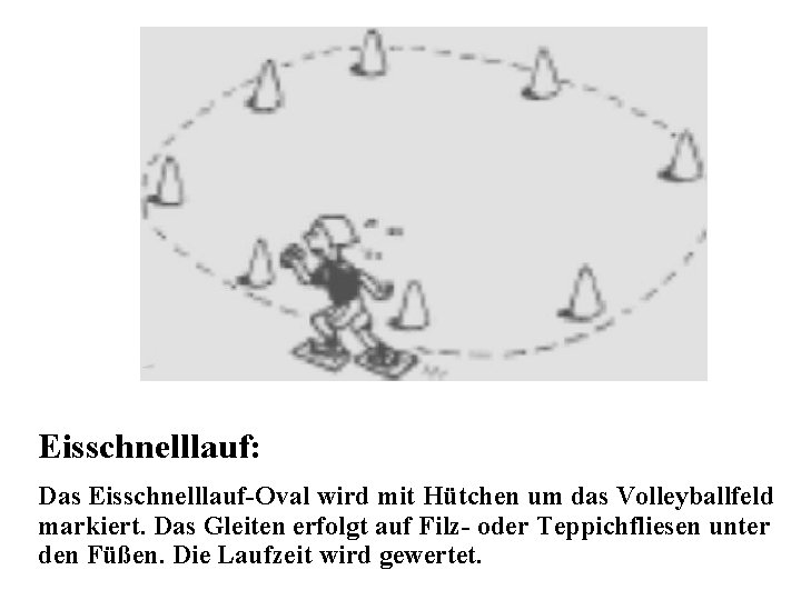 Eisschnelllauf: Das Eisschnelllauf-Oval wird mit Hütchen um das Volleyballfeld markiert. Das Gleiten erfolgt auf