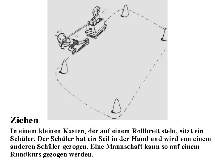 Ziehen In einem kleinen Kasten, der auf einem Rollbrett steht, sitzt ein Schüler. Der