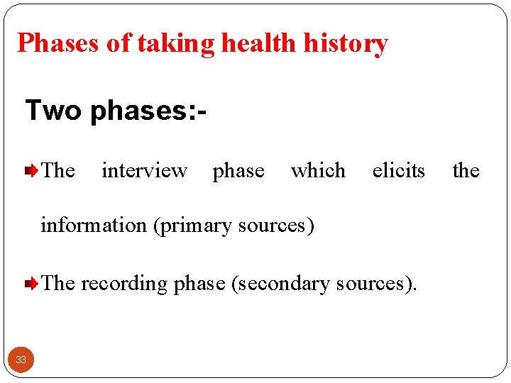 Phases of taking health history Two phases: The interview phase which elicits information (primary