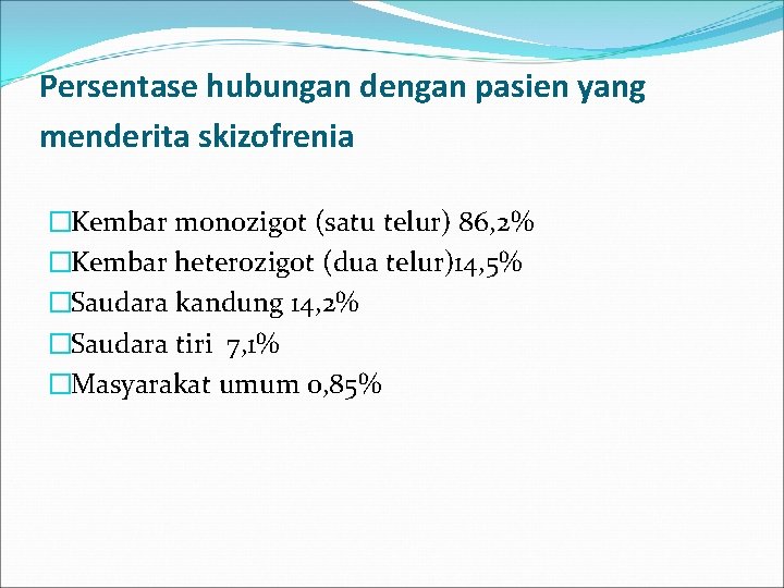 Persentase hubungan dengan pasien yang menderita skizofrenia �Kembar monozigot (satu telur) 86, 2% �Kembar