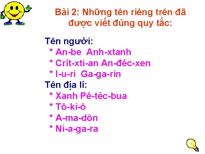 Bài 2: Những tên riêng trên đã được viết đúng quy tắc: Tên người: