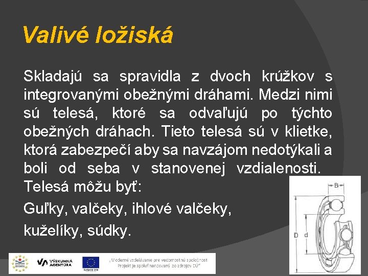 Valivé ložiská Skladajú sa spravidla z dvoch krúžkov s integrovanými obežnými dráhami. Medzi nimi