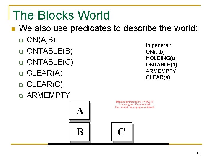 The Blocks World n We also use predicates to describe the world: q q
