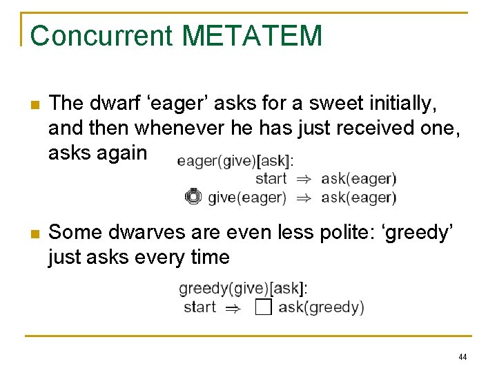 Concurrent METATEM n The dwarf ‘eager’ asks for a sweet initially, and then whenever