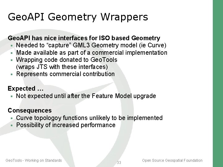 Geo. API Geometry Wrappers Geo. API has nice interfaces for ISO based Geometry Needed Geo. API Geometry Wrappers Geo. API has nice interfaces for ISO based Geometry Needed