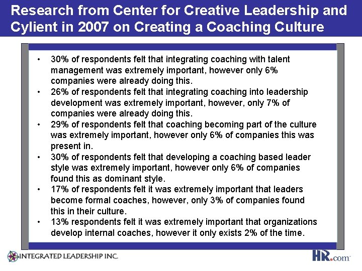 Research from Center for Creative Leadership and Cylient in 2007 on Creating a Coaching