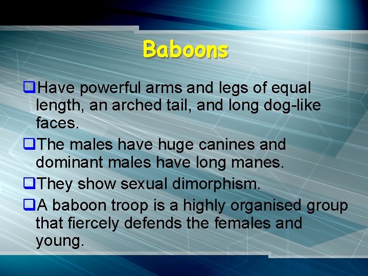 Baboons q. Have powerful arms and legs of equal length, an arched tail, and