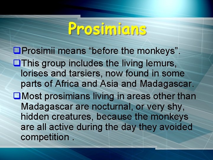 Prosimians q. Prosimii means “before the monkeys”. q. This group includes the living lemurs,