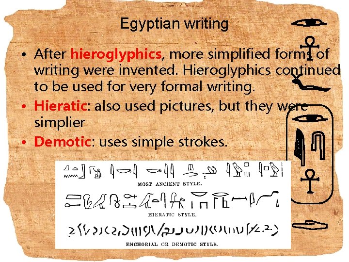 Egyptian writing • After hieroglyphics, more simplified forms of writing were invented. Hieroglyphics continued