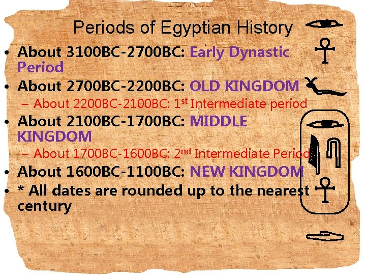 Periods of Egyptian History • About 3100 BC-2700 BC: Early Dynastic Period • About