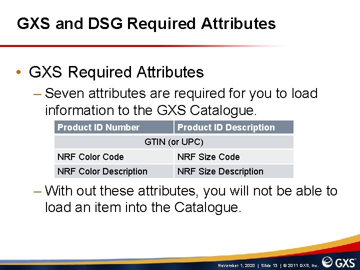 GXS and DSG Required Attributes • GXS Required Attributes – Seven attributes are required