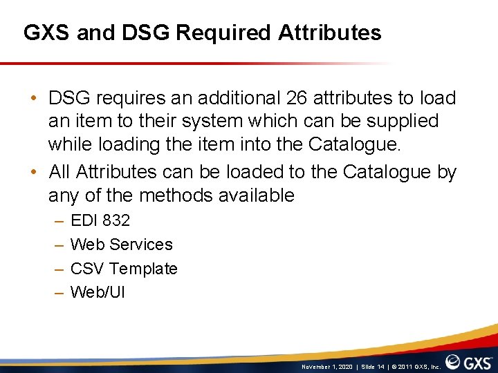 GXS and DSG Required Attributes • DSG requires an additional 26 attributes to load