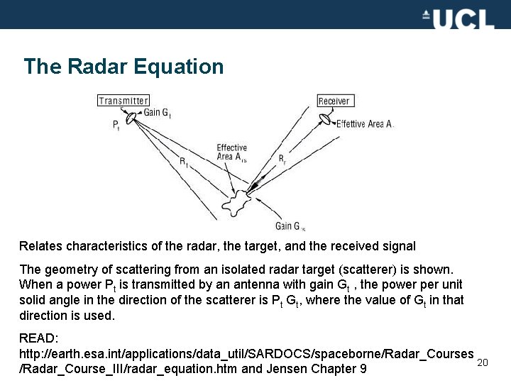 The Radar Equation Relates characteristics of the radar, the target, and the received signal
