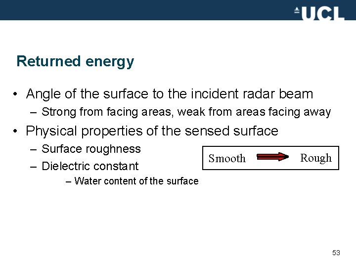 Returned energy • Angle of the surface to the incident radar beam – Strong