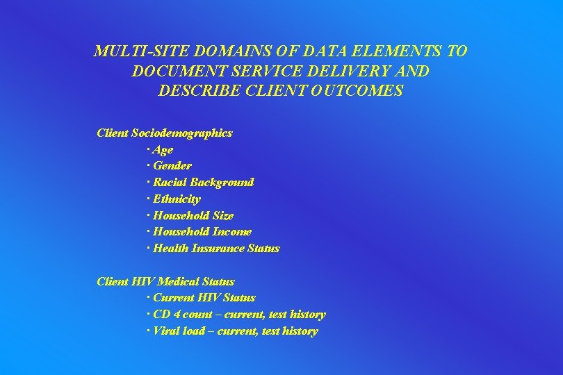 MULTI-SITE DOMAINS OF DATA ELEMENTS TO DOCUMENT SERVICE DELIVERY AND DESCRIBE CLIENT OUTCOMES Client