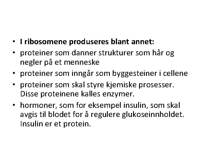  • I ribosomene produseres blant annet: • proteiner som danner strukturer som hår